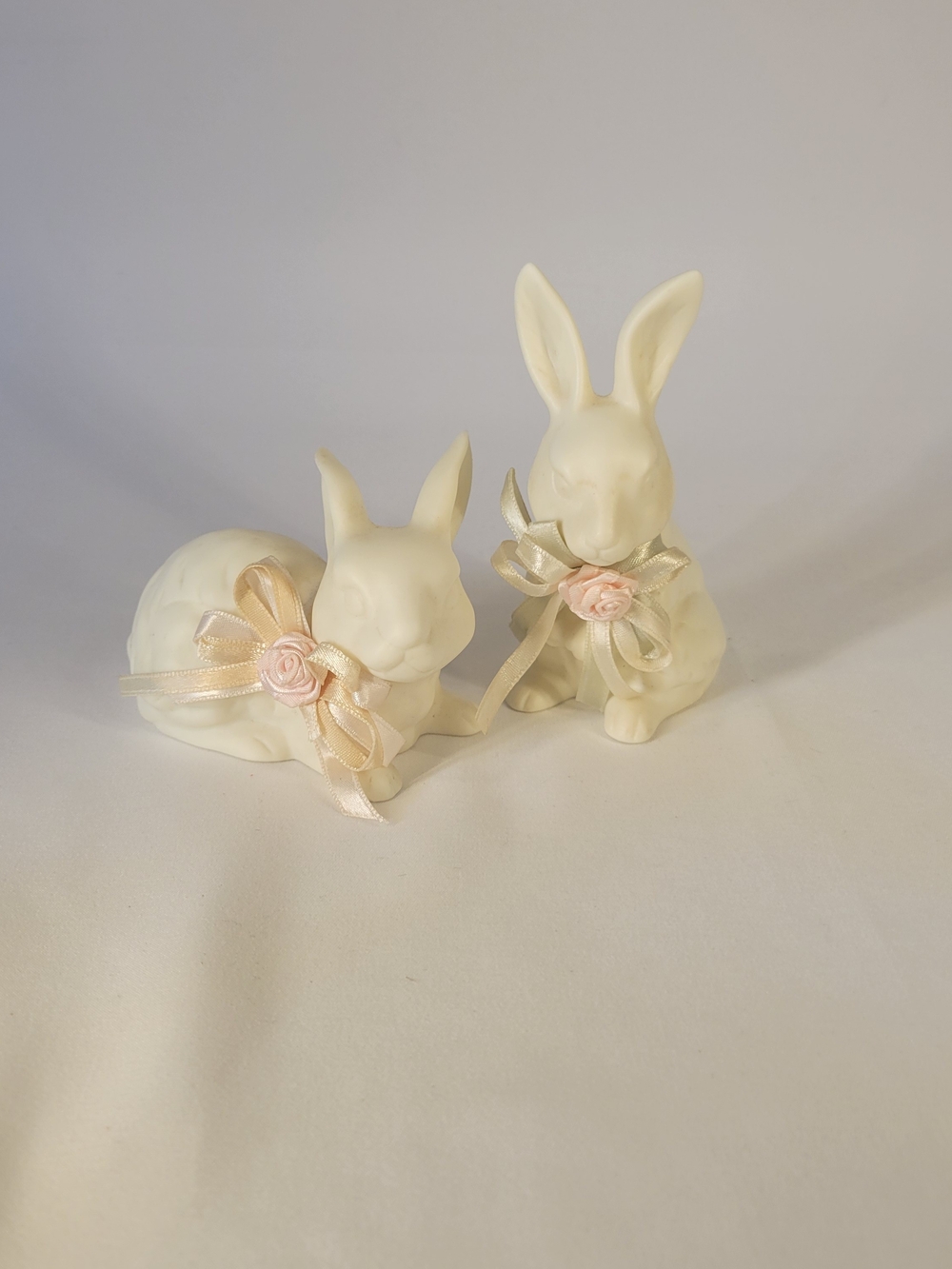 Ceramic Rabbit Figurines Set of 2 with Ribbon Flowers